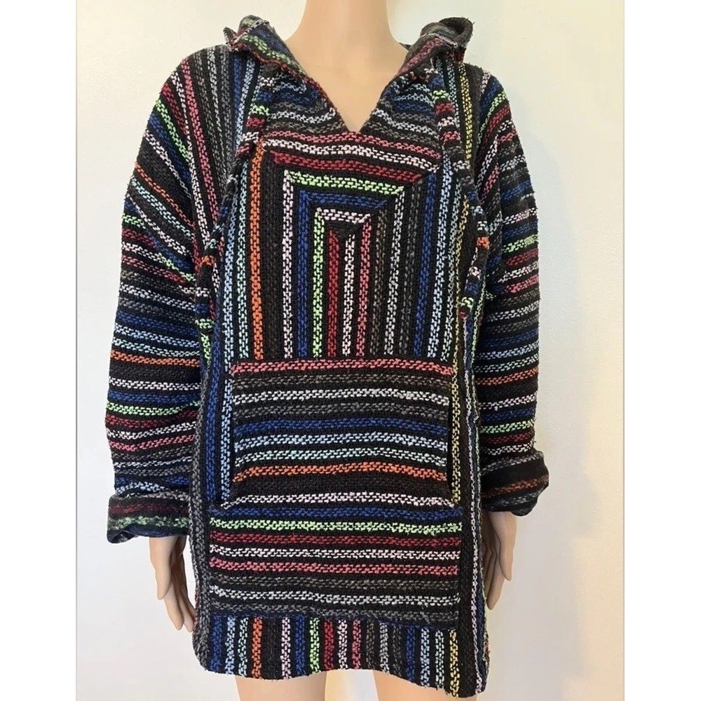 Vintage 90s Artesanias Cuamatzi Baja Hoodie Black Striped Mexican Woven Mens XL